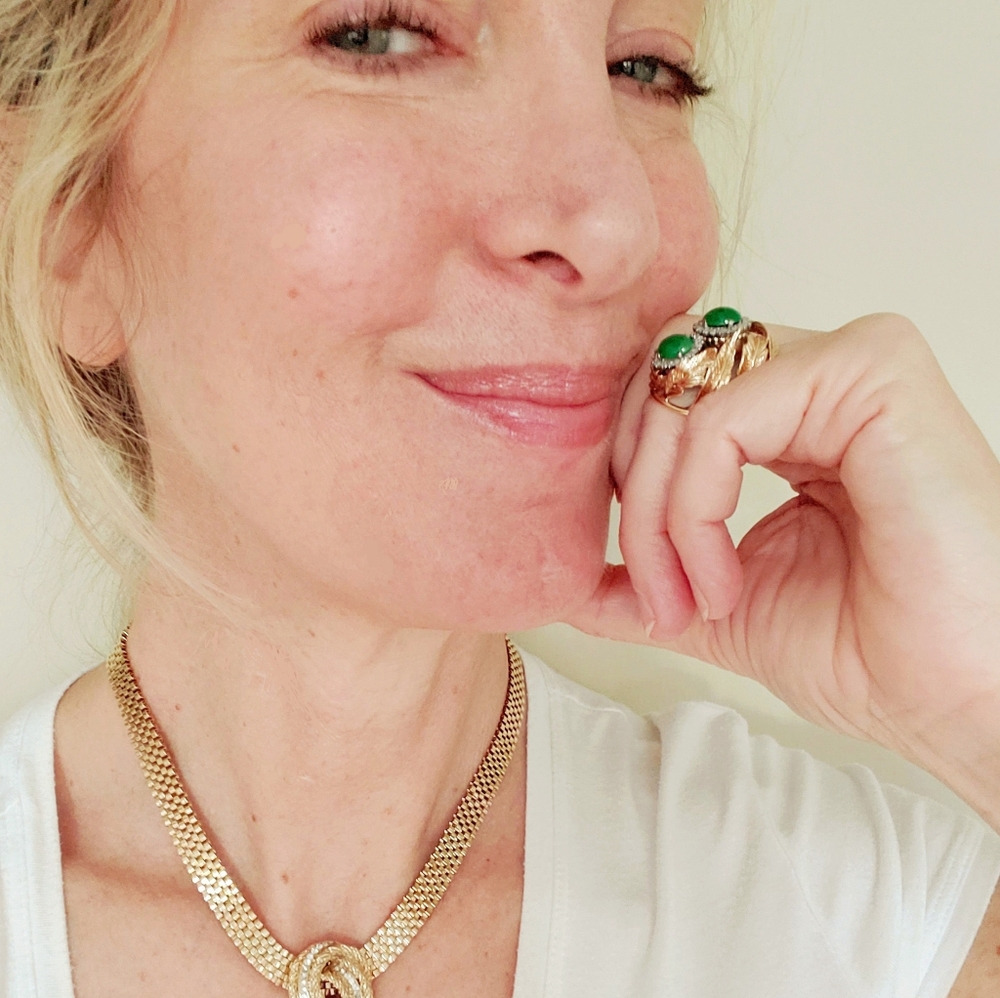 SOLD Estate Imperial Jade & Diamond 14k Cocktail Ring - Picture 9 of 11